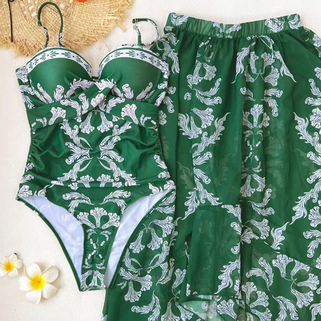 Coralie Printed Swimsuit With Skirt - flat-lay detail shot, green and white floral - Miss Mosa By Akanksha