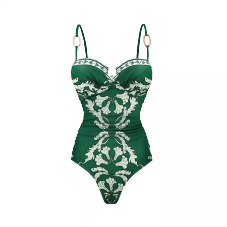 Coralie Printed Swimsuit With Skirt - flat-lay front shot, green and white floral - Miss Mosa By Akanksha
