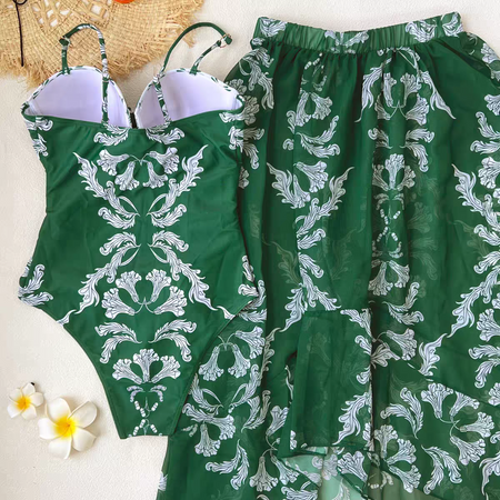Coralie Printed Swimsuit With Skirt - flat-lay styled shot, green and white floral - Miss Mosa By Akanksha