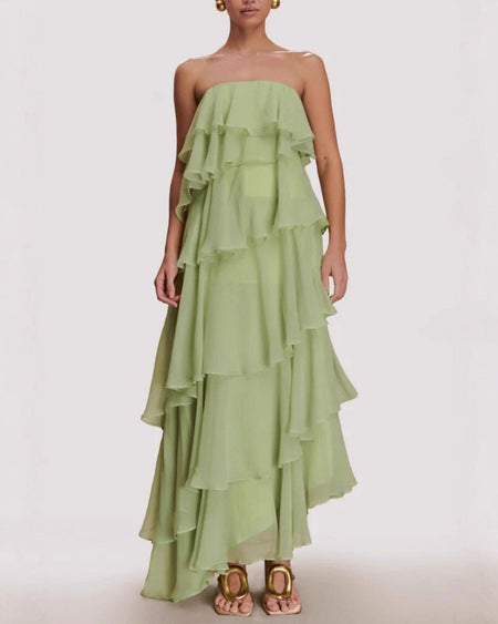 Cordelia Ruffle Maxi Dress With Detachable Straps - full-length front shot, sage green - Miss Mosa By Akanksha