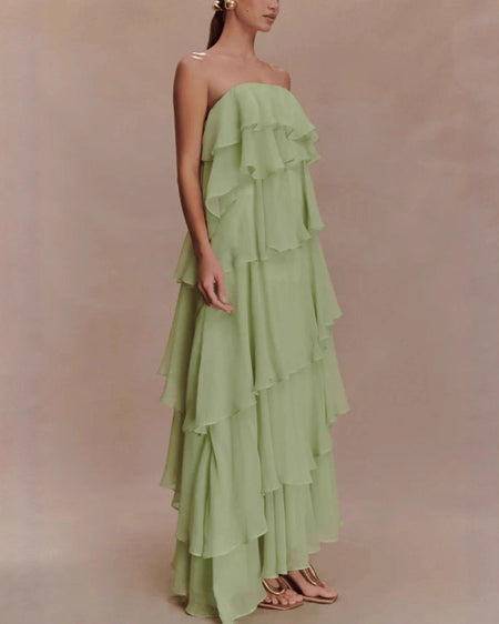 Cordelia Ruffle Maxi Dress With Detachable Straps - full-length side shot, sage green - Miss Mosa By Akanksha
