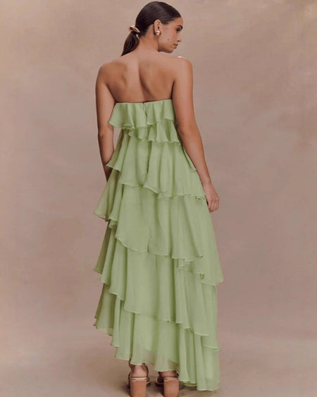 Cordelia Ruffle Maxi Dress With Detachable Straps - back shot, sage green - Miss Mosa By Akanksha