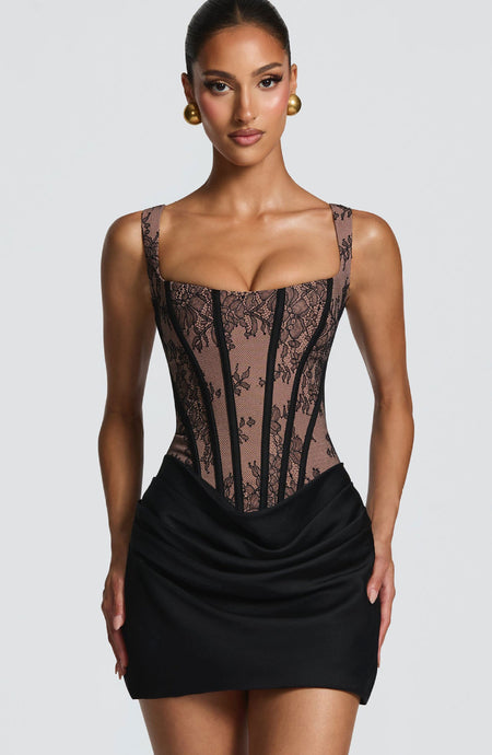 Corea Bustier Mini Dress - front shot, black lace over nude with black satin skirt - Miss Mosa By Akanksha