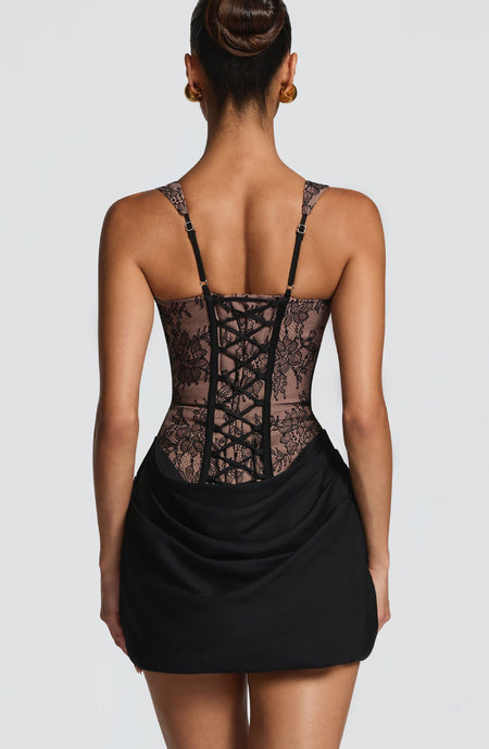 Corea Bustier Mini Dress - back shot, black lace over nude with black satin skirt - Miss Mosa By Akanksha