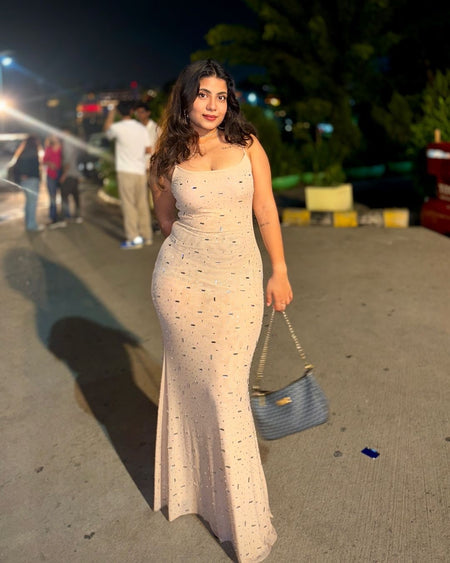Corfu Embellished Evening Maxi Dress - full-length shot on model, cream - Miss Mosa By Akanksha