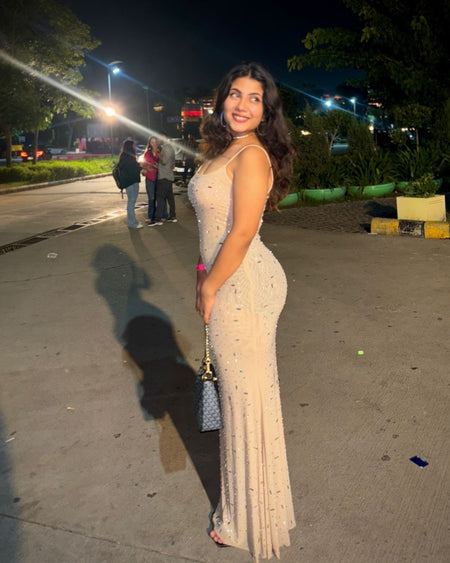 Corfu Embellished Evening Maxi Dress - lifestyle shot on model, cream - Miss Mosa By Akanksha