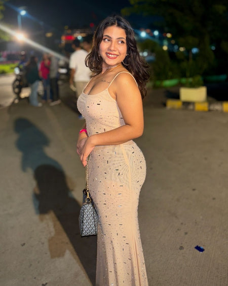 Corfu Embellished Evening Maxi Dress - lifestyle shot on model, cream - Miss Mosa By Akanksha