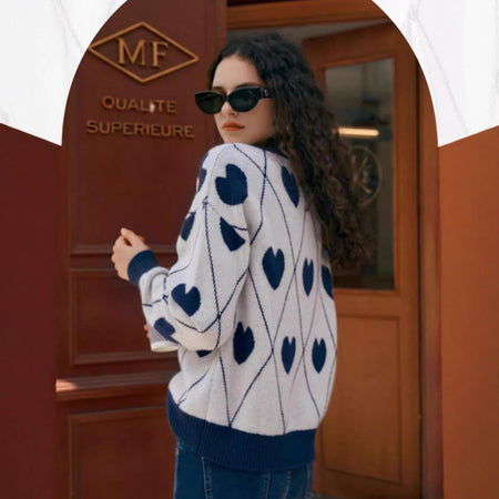 Cosette Heart Woolen Sweater - back shot on model, off-white and navy blue - Miss Mosa By Akanksha