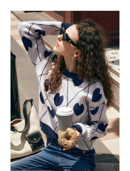 Cosette Heart Woolen Sweater - side shot on model, off-white and navy blue - Miss Mosa By Akanksha