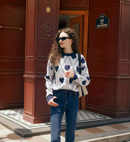 Cosette Heart Woolen Sweater - front shot on model standing, off-white and navy blue - Miss Mosa By Akanksha