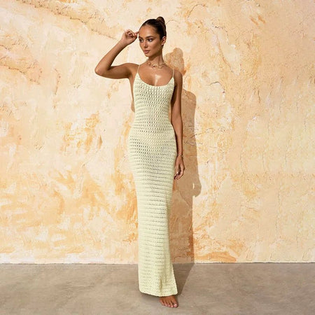 Cosima Soft Crochet Dress - full-length front shot on model, pale yellow - Miss Mosa By Akanksha