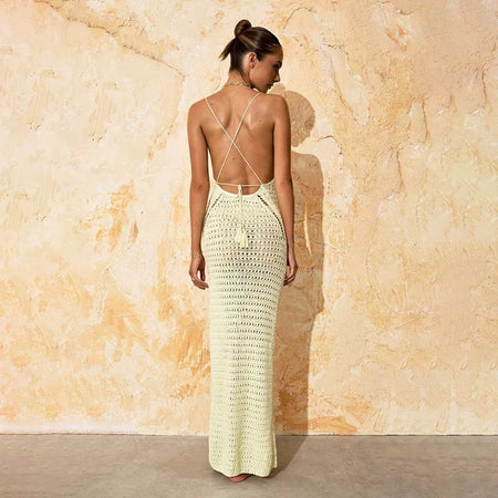 Cosima Soft Crochet Dress - back shot on model, pale yellow - Miss Mosa By Akanksha
