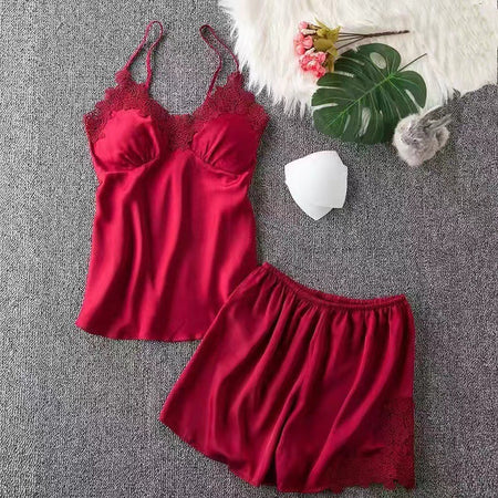 Cosmia Loungewear Set - Set Of 4 In Red - flat-lay product shot of camisole and shorts - Miss Mosa By Akanksha