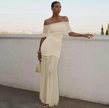 Cosmic Offshoulder Ruched Maxi Dress In Off-White - front shot on model - Miss Mosa By Akanksha