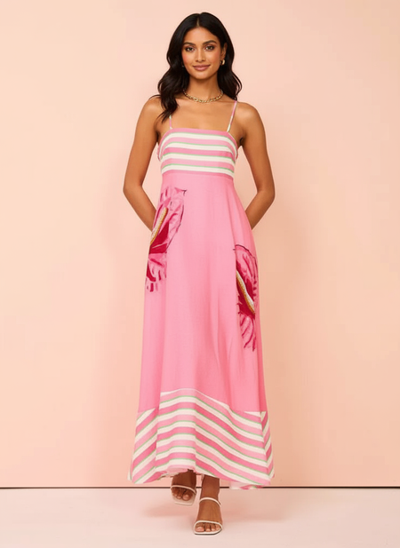 Cosmon Holiday Dress In Pink - front shot on model - Miss Mosa By Akanksha