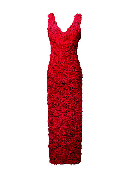 Cosmos Luxe 3D Floral Maxi Dress - flat-lay product shot, red - Miss Mosa By Akanksha