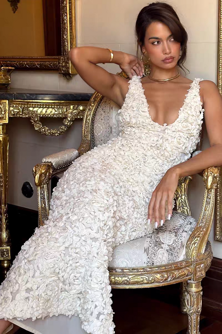 Cosmos Luxe 3D Floral Maxi Dress - seated shot on model, off-white - Miss Mosa By Akanksha