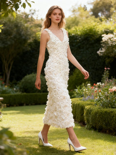 Cosmos Luxe 3D Floral Maxi Dress - full-length shot on model, off-white - Miss Mosa By Akanksha