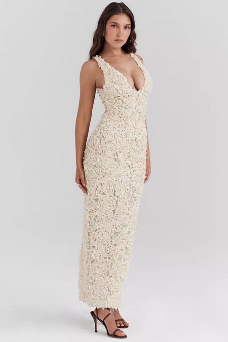Cosmos Luxe 3D Floral Maxi Dress - full-length shot on model, cream - Miss Mosa By Akanksha