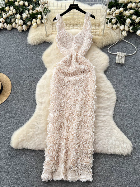 Cosmos Luxe 3D Floral Maxi Dress - flat-lay product shot, blush pink - Miss Mosa By Akanksha