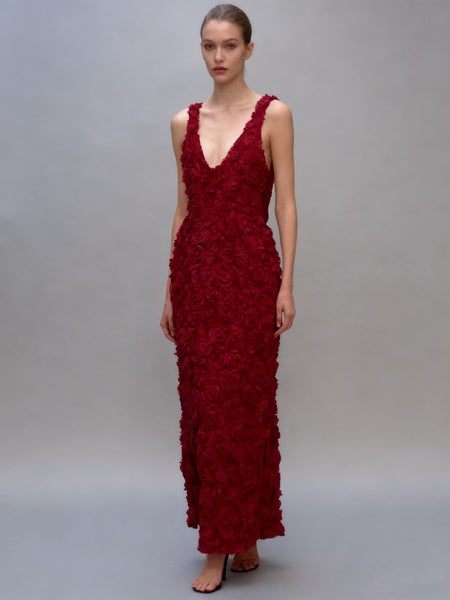 Cosmos Luxe 3D Floral Maxi Dress - full-length shot on model, red - Miss Mosa By Akanksha