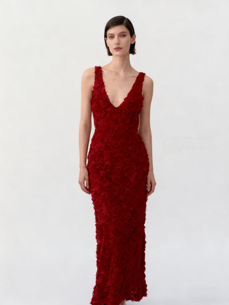 Cosmos Luxe 3D Floral Maxi Dress - full-length shot on model, red - Miss Mosa By Akanksha