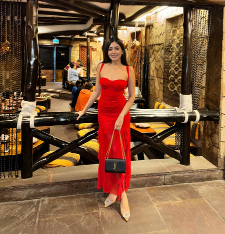 Cougar Ruffled Bodycon Maxi Dress - lifestyle shot on model, red - Miss Mosa By Akanksha