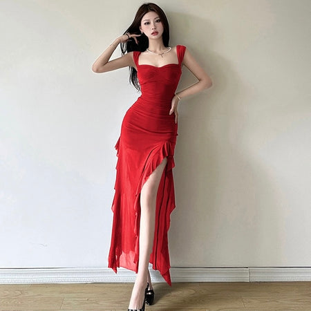 Cougar Ruffled Bodycon Maxi Dress - front shot on model, red - Miss Mosa By Akanksha