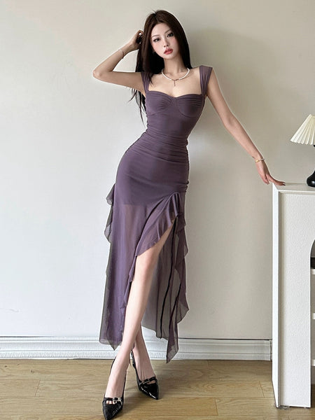 Cougar Ruffled Bodycon Maxi Dress - front shot on model, purple - Miss Mosa By Akanksha