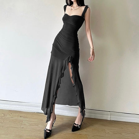Cougar Ruffled Bodycon Maxi Dress - front shot on model, black - Miss Mosa By Akanksha