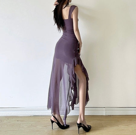 Cougar Ruffled Bodycon Maxi Dress - back shot on model, purple - Miss Mosa By Akanksha