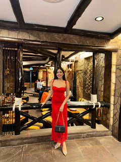 Cougar Ruffled Bodycon Maxi Dress - lifestyle shot on model, red - Miss Mosa By Akanksha