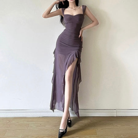 Cougar Ruffled Bodycon Maxi Dress - front shot on model, purple - Miss Mosa By Akanksha