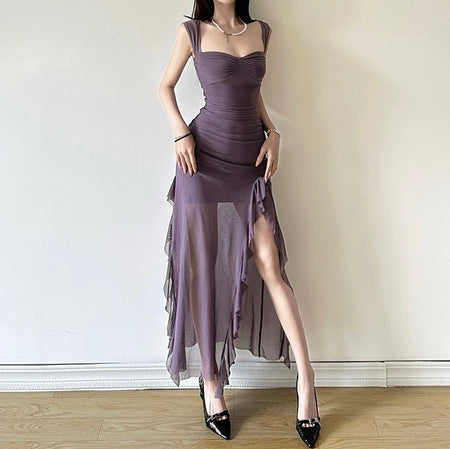 Cougar Ruffled Bodycon Maxi Dress - front shot on model, purple - Miss Mosa By Akanksha