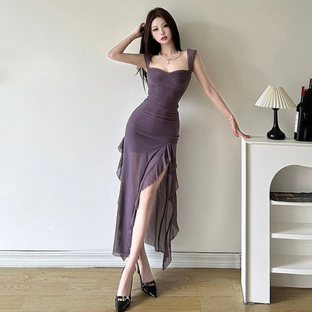 Cougar Ruffled Bodycon Maxi Dress - full-length shot on model, purple - Miss Mosa By Akanksha