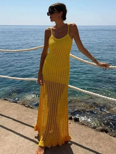 Cove soft knit dress In Mustard - full-length front shot on model outdoors - Miss Mosa By Akanksha