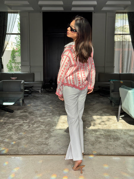 Coya Embroidered Cotton Shirt - side shot on model, pink - Miss Mosa By Akanksha