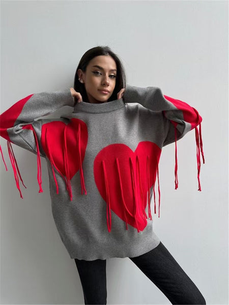Coya Premium Heart Tassel Dress - front shot on model, grey and red - Miss Mosa By Akanksha
