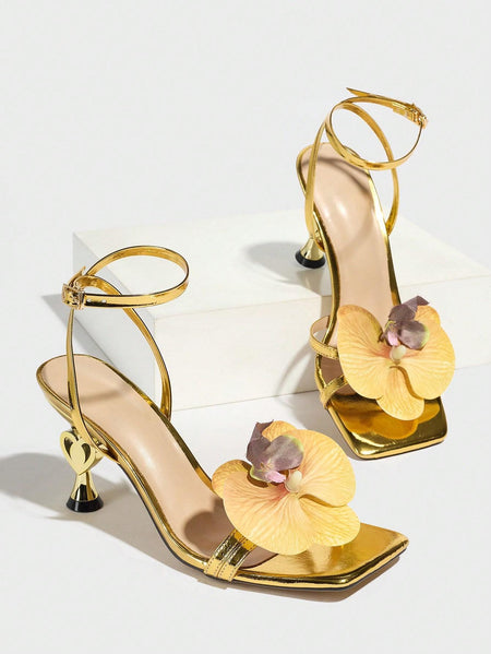 Crenza Floral Golden Heels - flat-lay shot, gold with yellow floral - Miss Mosa By Akanksha
