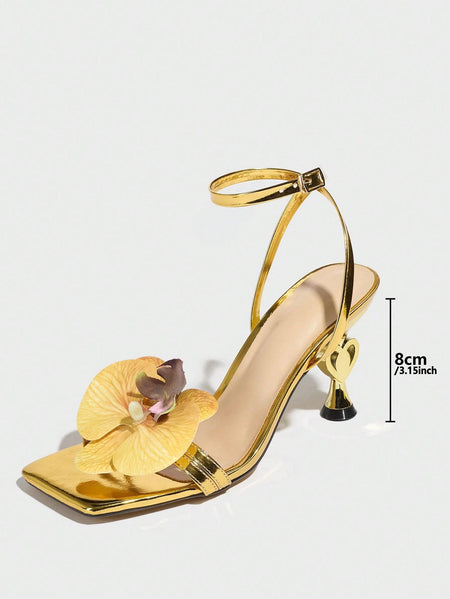 Crenza Floral Golden Heels - side shot, gold with yellow floral - Miss Mosa By Akanksha