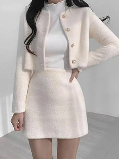 Cressida Premium Tweed 2 Pc Set - front shot on model, cream - Miss Mosa By Akanksha