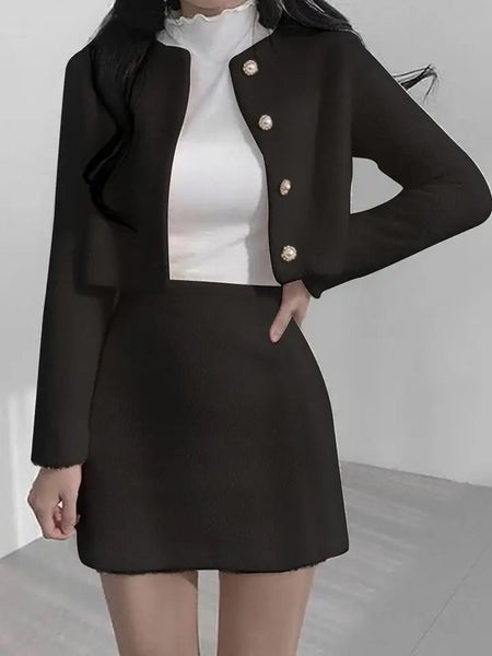 Cressida Premium Tweed 2 Pc Set - front shot on model, black - Miss Mosa By Akanksha