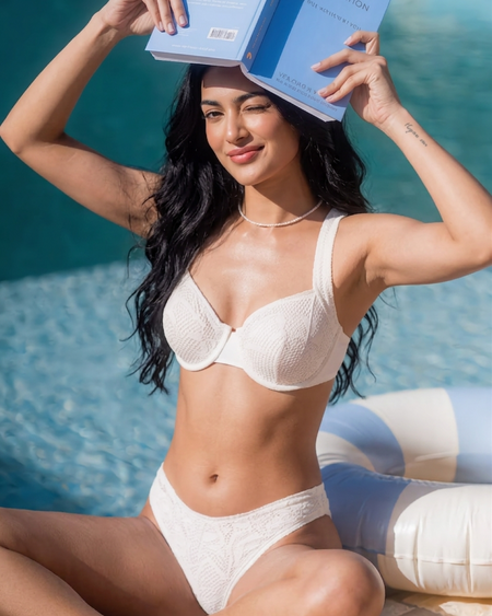 Cresta 2 Pcs Swimsuit With Sarong - seated shot, cream - Miss Mosa By Akanksha