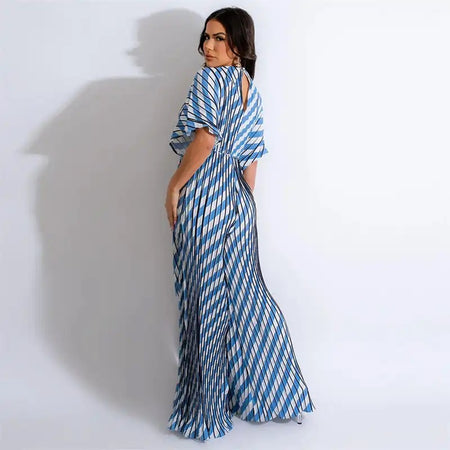 Creta Striped Jumpsuit In Blue - back shot on model, blue - Miss Mosa By Akanksha