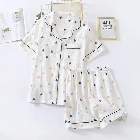 Crobe Heart Cotton Nightsets - Shorts - flat-lay product shot, white - Miss Mosa By Akanksha