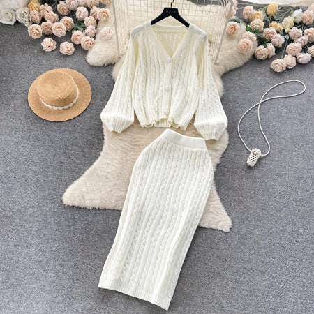 Crystella Winter Coord Set - Set of Sweater and Skirt - flat-lay shot of sweater and skirt, ivory - Miss Mosa By Akanksha