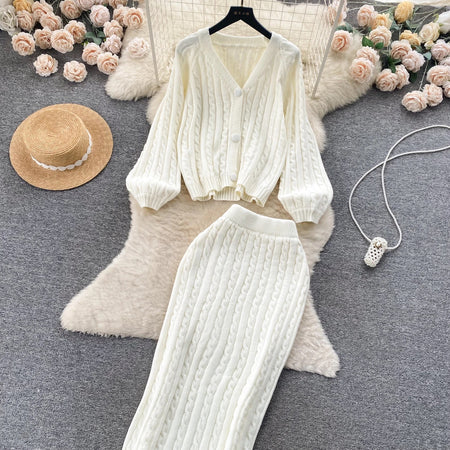 Crystella Winter Coord Set - Set of Sweater and Skirt - flat-lay shot of sweater and skirt, ivory - Miss Mosa By Akanksha
