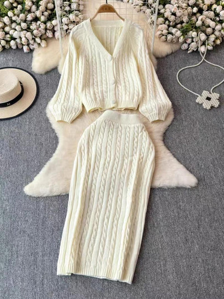 Crystella Winter Coord Set - Set of Sweater and Skirt - flat-lay shot of cardigan and skirt, ivory - Miss Mosa By Akanksha