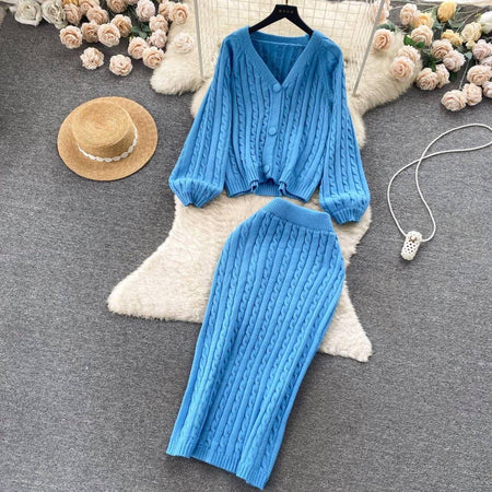 Crystella Winter Coord Set - Set of Sweater and Skirt - flat-lay shot of cardigan and skirt, blue - Miss Mosa By Akanksha