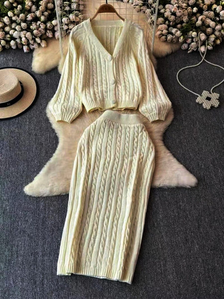 Crystella Winter Coord Set - Set of Sweater and Skirt - flat-lay shot of cardigan and skirt, cream - Miss Mosa By Akanksha